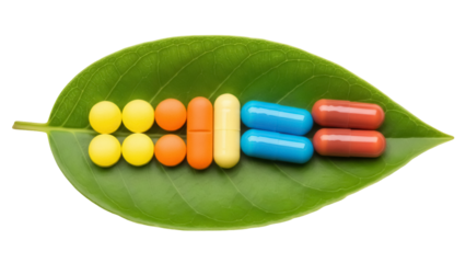 Colorful pills and capsules on green leaf isolated PNG, natural medicine concept for healthcare and pharmaceutical industry on transparent background