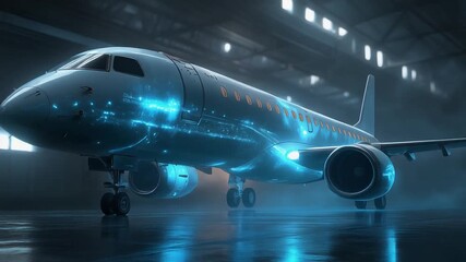 Futuristic airplane in a hangar with blue neon lights and digital overlay. - Powered by Adobe