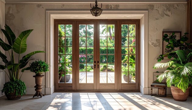 Grand Entrance with Wooden French Doors and Lush Indoor Plants.