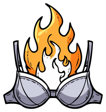 Burning bra cartoon illustration against objectification for women's rights liberation