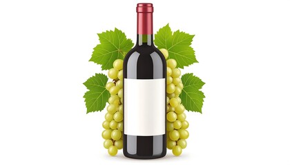 A bottle of red wine, surrounded by grapes and green leaves