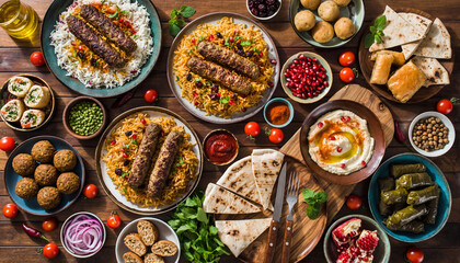 Fototapeta premium Vibrant Middle Eastern feast with diverse dishes and fresh ingredients