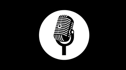A stylized microphone in black and white sits within a white circle on a black background, suggesting audio recording
