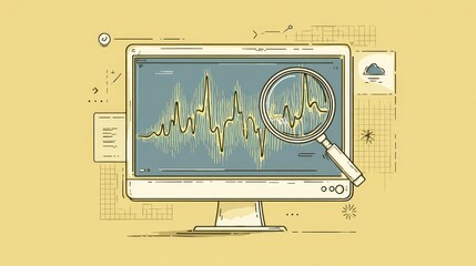 A stylized illustration features a computer screen displaying a fluctuating waveform, being examined by a magnifying glass on a yellow background