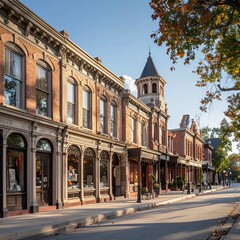 Fototapeta premium Historic Main Street in a charming small town, featuring classic brick architecture and a prominent clock tower under a clear sky.