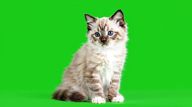 An adorable fluffy cream-colored kitten with striking blue eyes is sitting calmly on a bright green screen background, chroma key