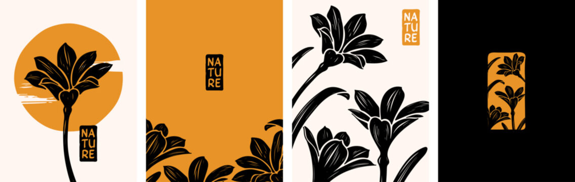 Minimalist style floral vector design. Elegant monochrome vector illustration of flower, for art print, book cover, banner, poster, card, or label.