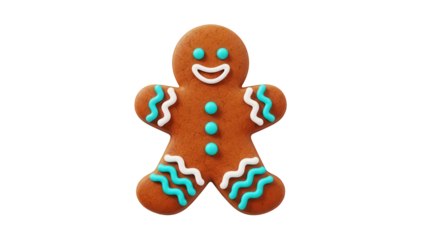 Gingerbread man cookie isolated PNG on transparent background, festive holiday treat with icing details for Christmas and winter designs