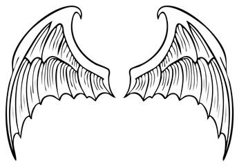 Obraz premium Detailed black outline drawing of a pair of fantasy creature bat or dragon wings perfect for mythical themes