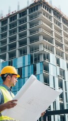 Construction worker reviewing building plans on a modern site