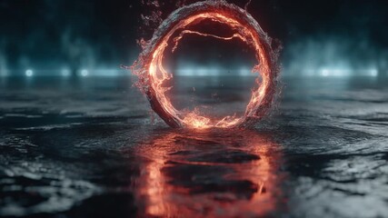 Glowing fiery ring on dark reflective surface with blue lights.