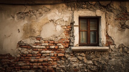 Weathered Exterior Wall with Brick Inlay and Small Window Architecture Featuring Visible Textures and Rustic Charm Captured in Dim Ambient Lighting