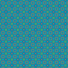 Retro style Abstract geometric pattern of multicolored concentric circles nested within each other Colors: blue, green, yellow