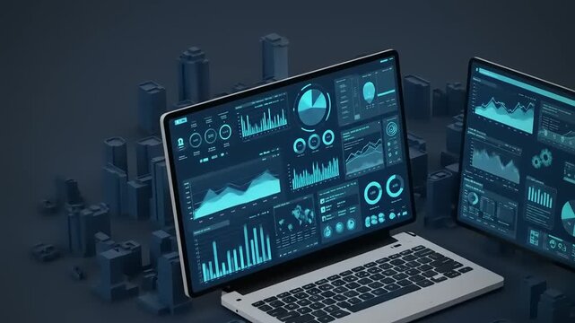 Isometric laptops displaying financial dashboards in a digital cityscape background