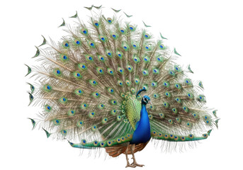 A vibrant peacock spreads its colorful feathers on transparent background