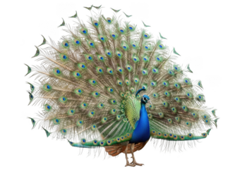A vibrant peacock spreads its colorful feathers on transparent background