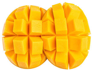 Two halves of a bright yellow mango, cubed for easy enjoyment