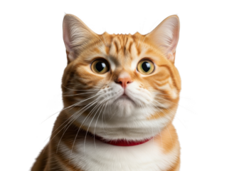 A curious orange cat with a red collar looks up at something on a transparent background
