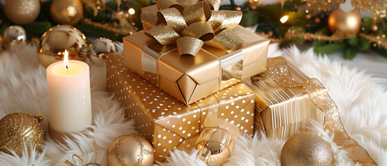 A panoramic festive composition presenting gold-and-white Christmas gifts resting on fluffy white faux fur, centered on a trio of stacked boxes--top i