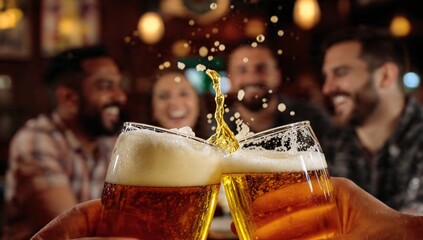 Friends Celebrating Together with Beer Toast in Cozy Pub Environment