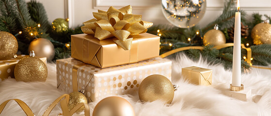 A panoramic festive composition presenting gold-and-white Christmas gifts resting on fluffy white faux fur, centered on a trio of stacked boxes--top i