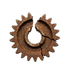 A broken rusty gear on a transparent background, symbolizing mechanical failure