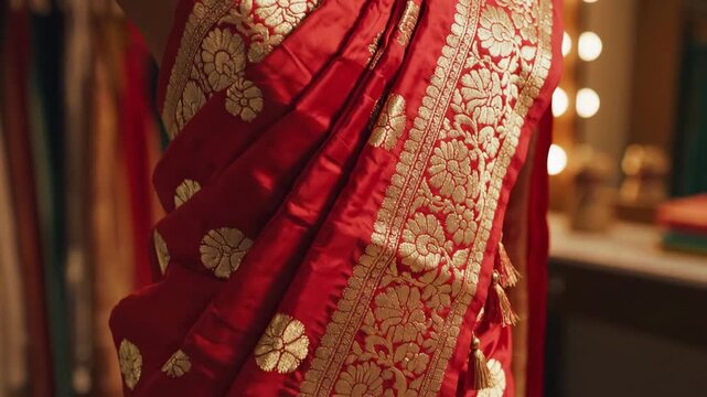 Exquisite Red Silk Sari With Intricate Gold Brocade Border Displayed On Mannequin In Softly Lit Boutique Showing Traditional Indian Textile Artistry With Subtle Bokeh Background And Fashion Apparel
