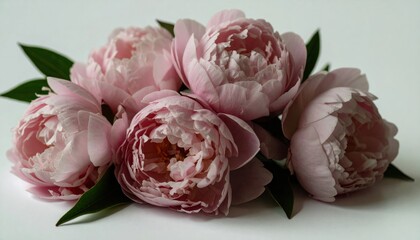 Obraz premium Delicate Pink Peonies in Full Bloom on White Background.