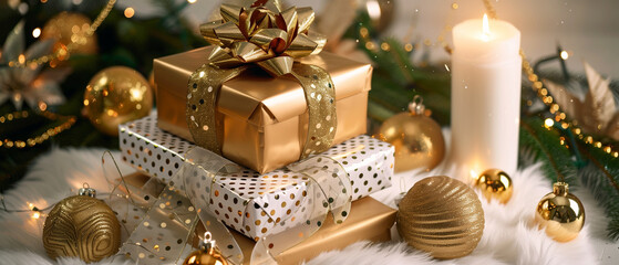 A premium Christmas still life scene in wide format depicting a luxurious stack of three gold-accented gift boxes on white faux fur, topped with an or