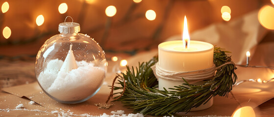 A realistic winter still life captured in wide cinematic format, showing a glowing white candle wrapped with a simple evergreen wreath and twine, plac