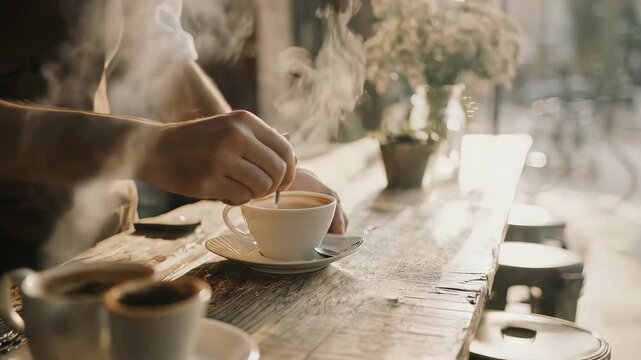 テラスカウンター越しにコーヒーを提供するバリスタを横から捉えたシーン。
木材や金属の質感が残るラスティックな都市型カフェ空間が印象的です。
自然光と落ち着いた色調が、丁寧な仕事と温かみを演出します。