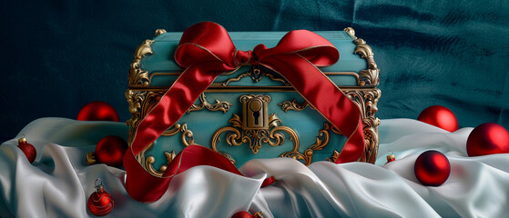 A refined festive still life featuring an ornate teal treasure chest adorned with gold baroque detailing and a decorative lock, wrapped in a luxurious