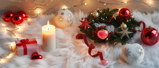 A refined winter holiday scene in cinematic panorama, showing a white faux fur surface with a softly glowing LED candle, a festive wreath decorated wi