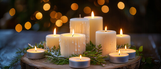 A side-lit, wide-format still life scene capturing several glowing white candles resting on a round wooden slice decorated with green foliage, soft go