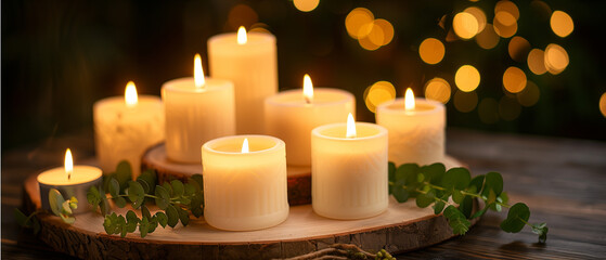 A side-lit, wide-format still life scene capturing several glowing white candles resting on a round wooden slice decorated with green foliage, soft go