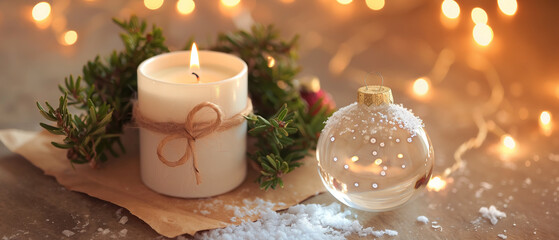 A softly lit, wide-format still-life scene featuring a white candle with a natural evergreen wreath tied in twine, sitting on textured kraft paper nex