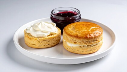 Delicious Scones with Cream and Jam on a White Plate.