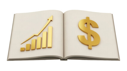 Open book with golden dollar sign and growth chart isolated PNG, financial success concept for business reports and presentations on transparent background