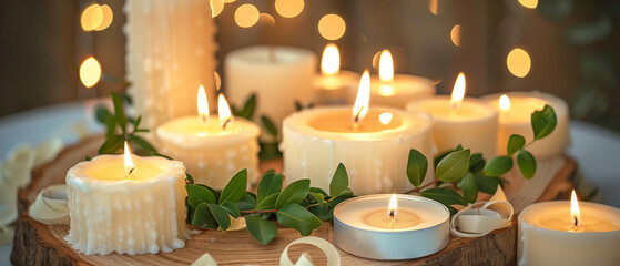 A tranquil wide-angle still life featuring white candles arranged organically on a textured wooden slice with green leaves woven around them, warm can