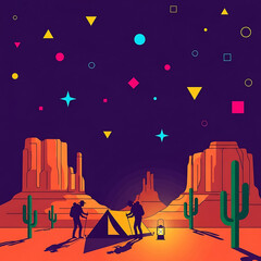 Naklejka premium desert night camping trip for two hikers setting up a tent under a stylized starry sky in a southwestern landscape for outdoor adventure content