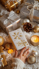 A warm holiday vignette showing a hand reaching toward a delicate white gift box embellished with gold snowflakes, surrounded by larger metallic gold 