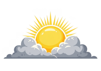 A bright yellow sun peeking out from behind fluffy gray clouds on a black background on transparent background