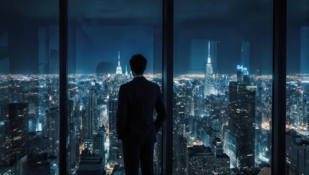 Man Contemplates Cityscape from High-Rise Office at Night.