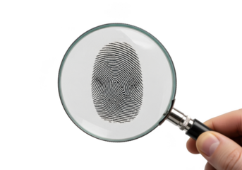 A magnifying glass is held up to reveal a fingerprint on a transparent background