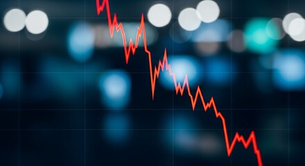 A red line graph showing a sharp downward trend on a dark, blurred background with bokeh lights, symbolizing financial crisis