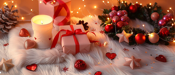 A warm-toned holiday still life captured in cinematic wide format, showing a soft white faux fur base with a lit LED candle, a festive wreath decorate