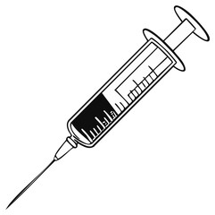 Medical syringe with needle filled with liquid for injection or vaccination
