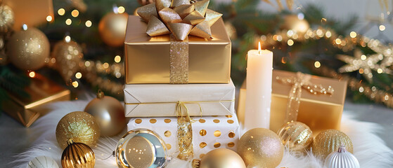 A wide cinematic Christmas still life showcasing a luxurious arrangement of gold and white wrapped gift boxes placed on a plush white fur surface, fea