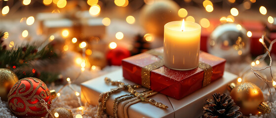 A wide cinematic holiday still life showing a softly glowing battery-operated candle placed atop a stack of red and white Christmas gift boxes, surrou