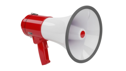 Red and white megaphone isolated PNG, bullhorn loudspeaker for emergency communication and public address system on transparent background